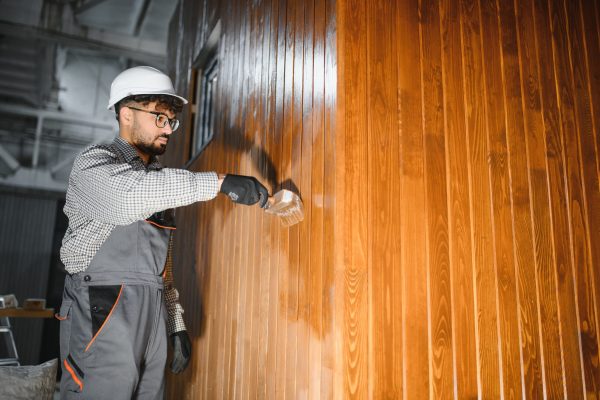 Skilled worker applying varnish on wooden wall in modular house production, ensuring quality and protection in construction workshop